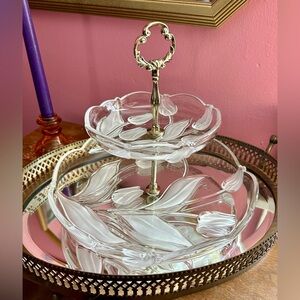 1980's Walther Glas West Germany Frosted Tulip 2-Tier Crystal Serving Tray